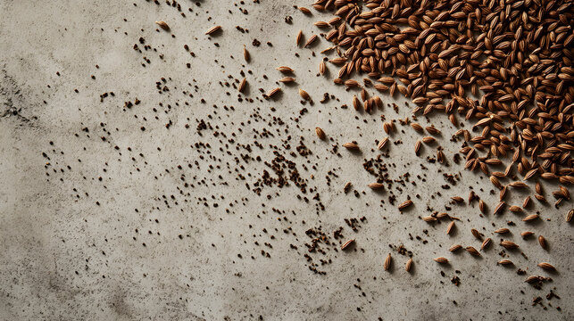 A collection of cumin seeds scattered across a neutral-colored surface, showcasing their rich brown hue and fine texture.