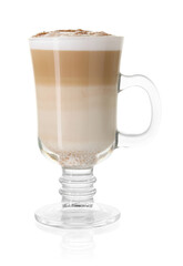 Tasty latte macchiato in glass cup isolated on white