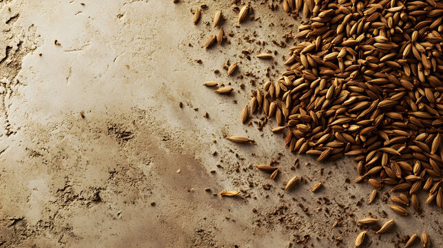 A collection of cumin seeds scattered across a neutral-colored surface, showcasing their rich brown hue and fine texture.