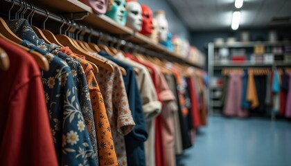 Fototapeta premium Costume rack in drama classroom, artistic atmosphere, colorful fabrics and masks, soft lighting