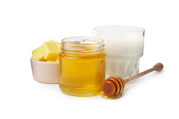 Sweet honey, butter and milk isolated on white