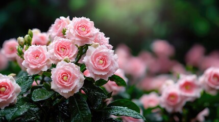 Fototapeta premium Pink roses blooming in garden, raindrops, green background