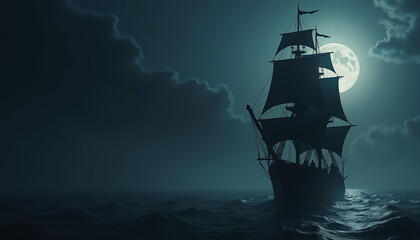 Elegant pirate ship silhouette background – dark navy gradient with a ghostly black sailing ship