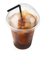Refreshing iced coffee in plastic cup isolated on white
