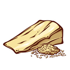 Parmesan triangle slice and pile of grated cheese line icon. Outline hand drawn gourmet Parmesan for cooking Italian dish. Dairy product menu mascot, food ingredient icon vector illustration