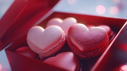 Fototapeta premium Macarons in heart shape in gift box isolated on pink background,events,aniversary festival gift set,french macaron cookies,trendy 2025,couple valentine Romantic love or pastry shop.