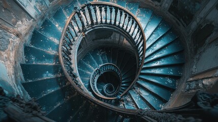 Fototapeta premium Aged spiral staircase, teal, ornate railing, decaying building.