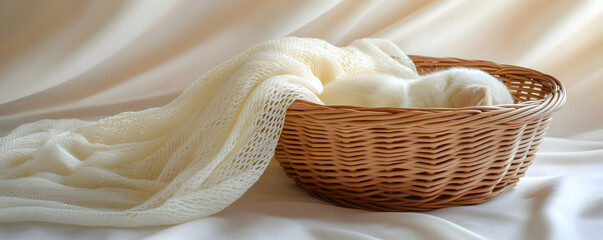 Kitten sleeps in basket, fabric backdrop