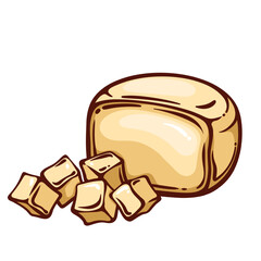 Monterey Jack round block cut into cubes line icon. Outline hand drawn diced Californian cheese made of cows milk. Dairy product, supermarket menu mascot, Monterey Jack icon vector illustration
