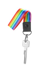 Key with keychain in LGBT colors on white background