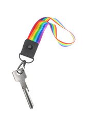 Key with keychain in LGBT colors on white background