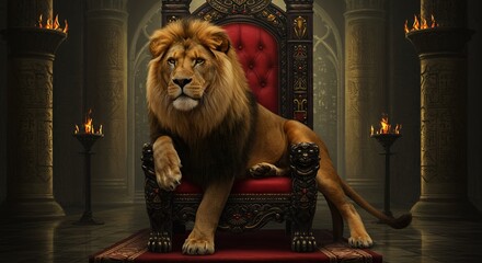 Majestic lion sits regally upon an ornate red and gold throne © ryandi