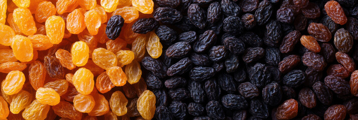 Dried fruits, healthy snacks, golden raisins, black raisins, nutritious food, natural sweetness, food background, organic produce, culinary ingredients, snack options
