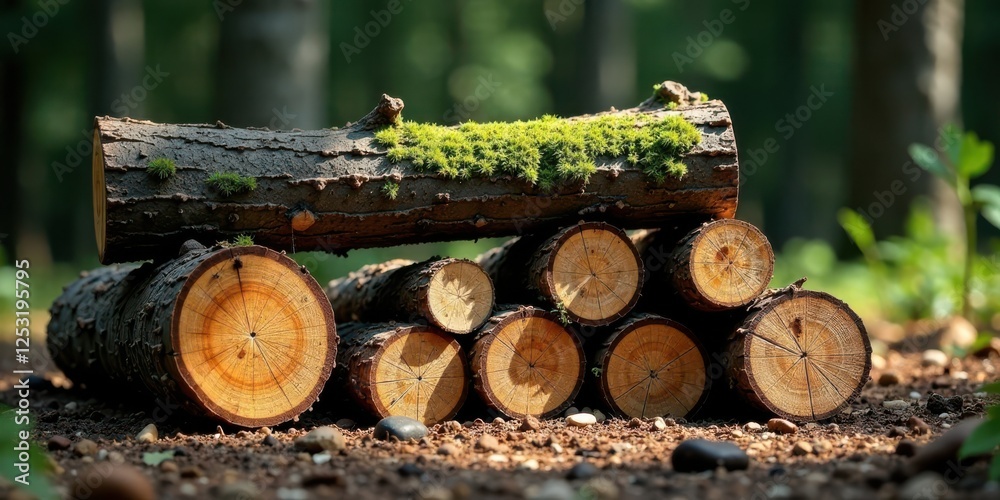 Poster sun-dappled woodland scene featuring a stack of neatly arranged logs, one topped with vibrant green 