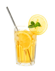 Refreshing iced tea with slices of lemon, mint and drinking straw in glass isolated on white