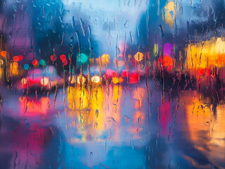 Fototapeta premium Vibrant Fluid Shapes Create a Symphony of Color Amidst Raindrops on Glass, Revealing the Beauty of Urban Nightlife in a Mesmerizing Display of Lights and Reflections. Generative AI