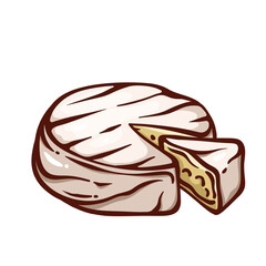 Brie triangle piece cut from whole round head line icon. Outline hand drawn fresh soft creamy cheese. Dairy product, French cuisine mascot, delicatessen Brie appetizer icon vector illustration