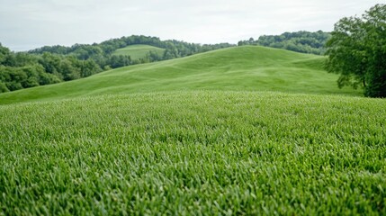 Obraz premium Lush green grass field covers rolling hills under an overcast sky in a peaceful countryside landscape.