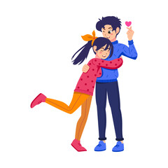 Couple of happy young man and woman hugging. joyful teen boyfriend and girlfriend embracing. Flat cute cartoon illustration