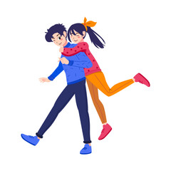Couple of happy young man and woman hugging. joyful teen boyfriend and girlfriend embracing. Flat cartoon illustration