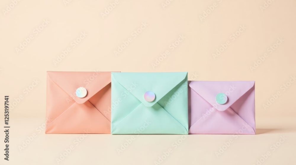 Poster Pastel Envelopes Arranged in a Row on a Neutral Background, Representing a Sense of Calm and Order