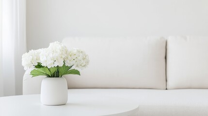 White hydrangeas in vase on coffee table, minimalist living room interior, home decor