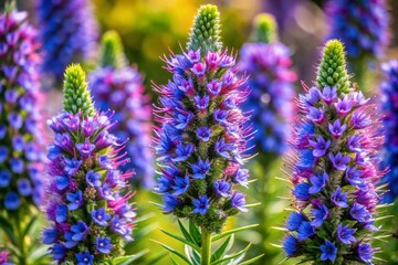 Fototapeta premium Vibrant Purple Echium Vulgare Flowers, Blooming Viper's Bugloss Shoots, Wildflower Photography