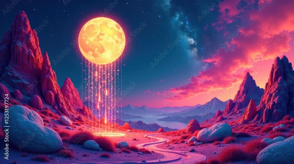 Aufkleber surreal landscape with a giant moon showering light upon a winding path through alien mountains