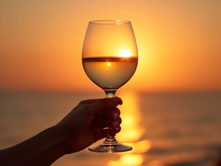 Sunset Wine by the Ocean: A stunning close-up of a hand holding a wine glass against the backdrop of a golden sunset over the ocean. 