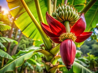 Vibrant Red Banana Blossom Stem on Tree - Tropical Plant Stock Photo