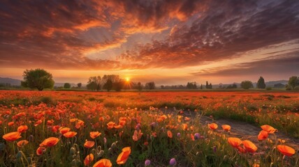Spring sunset over a field of poppies, warm shades of orange and pink, light fog.