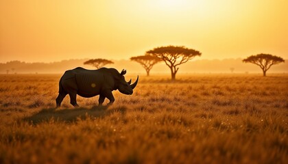 Obraz premium White Rhinoceros Silhouetted Walking Through African Savanna Sunset