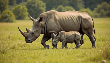 Obraz premium White Rhinoceros Mother and Calf Walking Together in Savanna Habitat