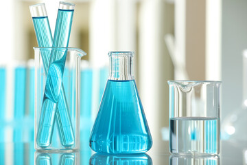 Laboratory glassware with liquid on mirror surface indoors, closeup