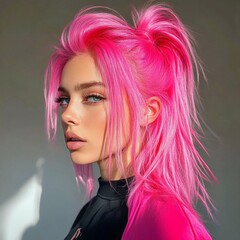 Stunning Portrait of a Woman with Vibrant Pink Hair and a Captivating Gaze