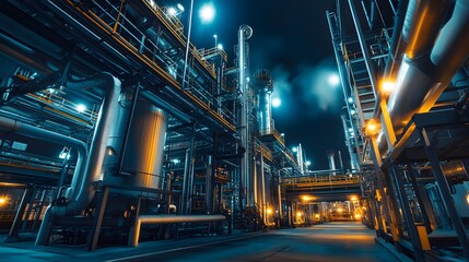 Fototapeta premium The Future of Manufacturing: A Large, Brightly Lit Industrial Facility with Piping Infrastructure