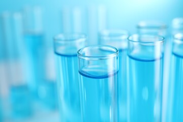 Test tubes with blue liquid on blurred background, closeup