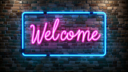 Neon sign that says "Welcome" on a brick wall