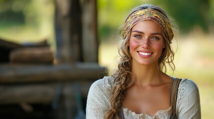 A woman with a yellow headband is smiling and looking at the camera. She is wearing a white shirt and has long, curly hair