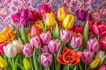 Obraz premium Vibrant Spring Tulips & Flowers Bouquet Pink Floral Wallpaper Background