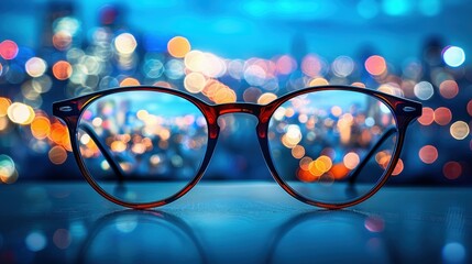 A pair of glasses with a city in the background. The city is blurry and the glasses are in focus