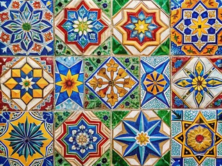 Vibrant Starry Tile Row: Colorful Ceramic Mosaic Background