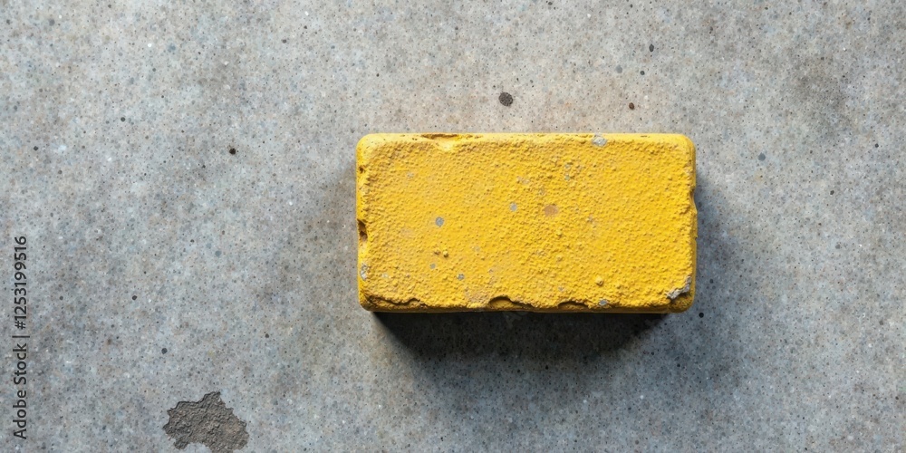 Poster a single, weathered, yellow rectangular block rests on a speckled gray surface