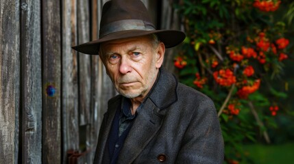A man wearing a hat and a black coat stands in front of a wooden fence. He looks sad and lonely
