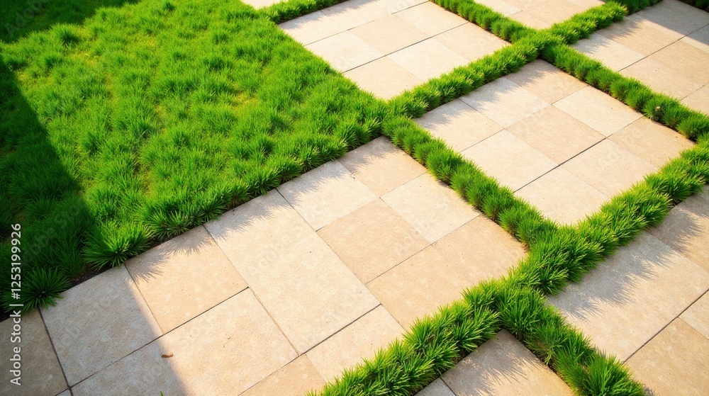 Aufkleber serene outdoor space design featuring a geometric pattern of light beige paving stones intersected b