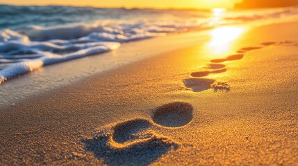 Footprints on a sandy beach at sunset
