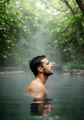 Fototapeta premium Man enjoying a warm natural hot spring in the jungle