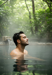 Fototapeta premium Man enjoying a warm natural hot spring in the jungle