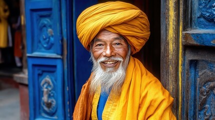 Obraz premium A man in a yellow turban is smiling and standing in front of a blue door. Concept of warmth and happiness, as the man's smile and the bright colors of his turban and robe create a cheerful atmosphere
