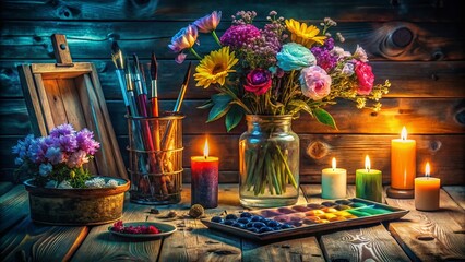 Vibrant Watercolor Painting Setup with Flowers at Night - Artistic Night Photography Stock Photo
